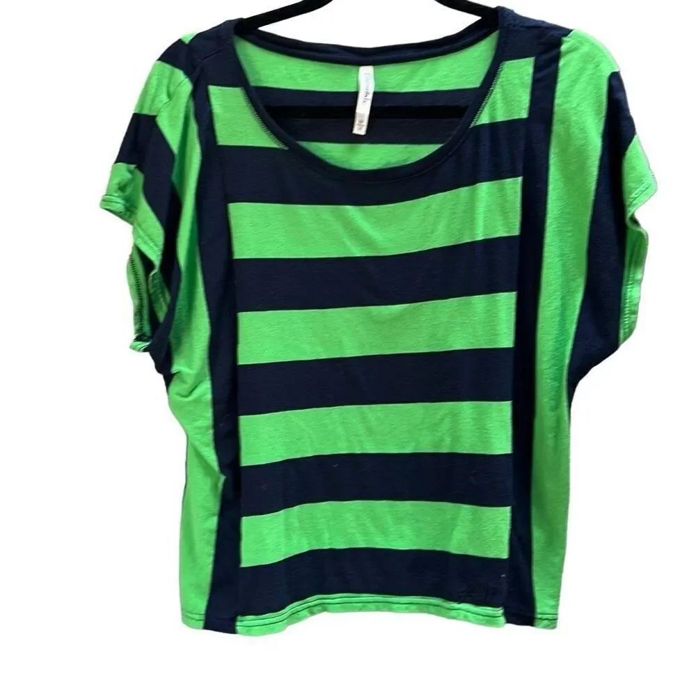 Aeropostale Women’s Green Blue Horizontal Vert Stripe Graphic T-Shirt Medium